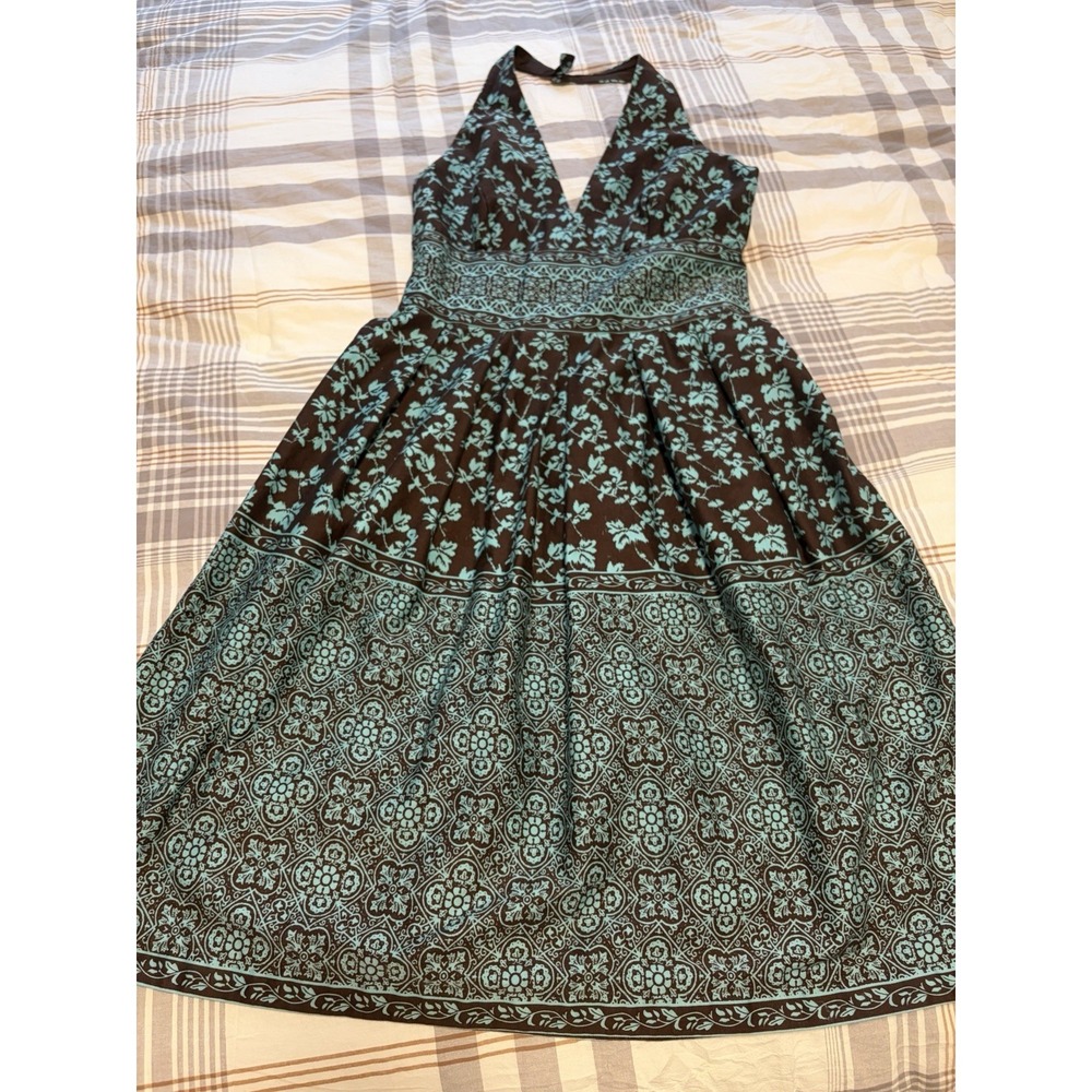 Maggy London Floral Halter Dress~8~Fit & Flare Cotton Garden Party Feminine Vamp - Picture 9 of 16